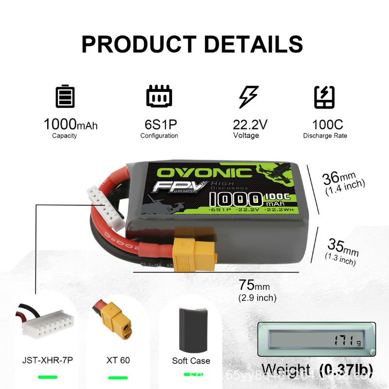 2 batteries LiPo OVONIC 1000mA - Drone Battery Li-Ion avis et prix